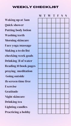 Weekly checklist with a table to elevate, glow up
Aura background (poster, to print, planner) 
Waking up at 5am 
Quick shower
Putting body lotion
Washing teeth 
Morning skincare
Face yoga/massage
Making a to do list
checking week goals
Drinking 3l of water
Reading 10 book pages
praying 5times a day
Going outside
1h screen time free
Exercise 
Gratitude
Night skincare
Drinking tea
Lighting candles
Drawing/painting Everyday Glow Up Routine, How To Be Good At English, Check Only What You Did This Year List, 2024 Glow Up List, Glow Up Checklist 2024, Glow Up Checklist Men, Glow Up Template, Glow Up Tracker, 2 Week Glow Up