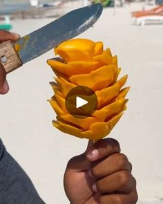 a person holding up a yellow flower with a large knife in it's hand