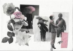 a collage of black and white photos with pink flowers in the center, an image of a woman standing next to a man