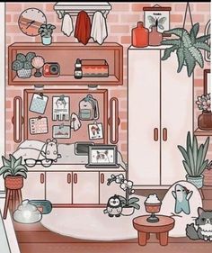 a drawing of a living room filled with lots of furniture and plants on the wall