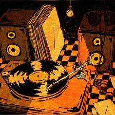 an old record player and speakers on a checkered tablecloth with black and orange colors