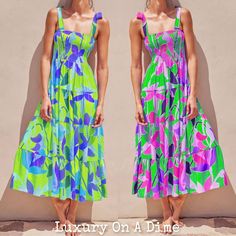 Neon Floral Abstract Tie Shoulder Smocked Bodice Tiered Maxi Summer Dress This is a timeless dress that is simple but definitely not basic.Vibrant bright neon colors in floral abstract print.Easy to dress up with espadrille heel sandals for a bohemian style, down with ballet flats or cowboy boots.Wide self-tie shoulder straps with a bow.Elasticized smock bodice that's form fitting and stretchy.Flowing and breathable summer worthy tiered A-line maxi with a wide bottom hem.Girl-next-door feminine chic classic design that can go from day to night and anywhere in between from a special occasion, beach resort vacation, cruise, party event, BBQ or just out to lunch.Very versatile staple piece! Colors available: Fuchsia Pink Lime Green Details: Pattern: Geometric floral Shape: A-line Features: Sm Multicolor Smocked Dress With Square Neck For Summer, Green Floral Print Smocked Beach Dress, Green Floral Print Smocked Dress For Beach, Green Smocked Floral Dress For Beach, Green Floral Smocked Dress For Beach, Green Smocked Square Neck Dress For Vacation, Multicolor Smocked Dress With Smocked Cuffs For Summer, Green Smocked Midi Dress For Beach, Green Midi Smocked Beach Dress