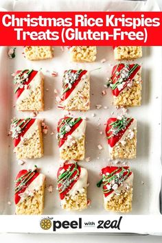 christmas rice krispies treats gluten - free on a white plate with red and green decorations