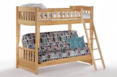 a wooden bunk bed with a futon underneath it