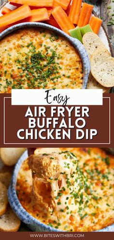 easy air fryer buffalo chicken dip recipe with carrots and crackers on the side