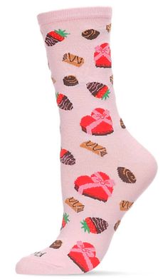 MeMoi BRAND LADIES VALENTINES DAY CREW SOCKS SHOE SIZE 4-10, SOCK SIZE 9-11 HEART SHAPED BOX OF CANDY, CHOCOLATE COVERED STRAWBERRIES 75% RAYON FROM BAMBOO, 23% POLYESTER, 2% SPANDEX Pink Novelty Socks For Gift, Sweet Pink Socks For Gifts, Box Of Candy, Fun Socks, Heart Shape Box, Fashion Vocabulary, Candy Chocolate, Valentine Candy, Covered Strawberries