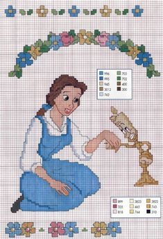 a cross stitch pattern with an image of a woman in blue dress sitting on the ground