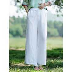 Summer Solid Color Linen Wide Leg Casual Pants Fabric: 100% Linen Size: M, L, XL Multiple Color Selections: White, Watermelon Red, Apricot  Season: Spring, Fall, Summer Comfortable Wide Leg Summer Pants, Comfortable Summer Wide Leg Pants, Comfortable Wide Leg Pants For Summer, Summer Solid Color Wide Leg Pants, Solid Color Summer Wide Leg Full Length Pants, Solid Color Summer Wide Leg Pants, Summer Solid Color Full Length Wide Leg Pants, Summer Long Wide Leg Pants, Summer Wide Leg Full Length Pants