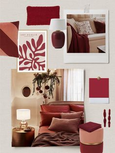 a collage with red, pink and white colors in the bedroom or living room