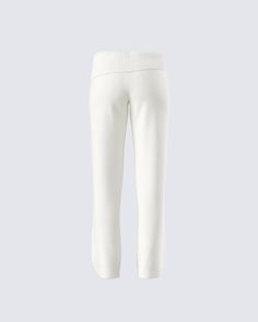 Make any day cuter and cozier with these white knit pants 🤍 Complete with a ribbed fold over top edge and wide leg fit, this piece is the perfect look for grocery store runs, self care days, and everything in between ✨ White Knit Bottoms For Fall, White Knit Wide Leg Pants, White Knit Wide-leg Pants, Comfortable White Pants For Fall, White Ribbed Bottoms For Fall, Cozy White Bottoms For Fall, White Relaxed Fit Knit Bottoms, White Stretch Sweatpants For Lounging, White Sweatpants With Ribbed Waistband For Fall