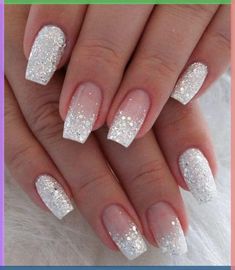 As 2024 welcomes the winter season, these nails capture the essence of frost with their sparkling design. The set features a stunning ombre effect, blending a clear base into a shower of silver glitter that mimics a fresh snowfall. The full coverage of glitter on the tips creates a dazzling effect, perfect for holiday festivities or simply making a bold fashion statement during the colder months. This nail design offers a glamorous take on the classic French manicure, adding a touch of winter wonder to your look. Ideal for pairing with cozy winter attire, these nails are a must-have for anyone wanting to embody the sparkle and charm of the season. Christmas Nails With Silver Glitter, Holiday Ombre Nails Sparkle, Christmas Nails Silver Glitter, Silver Glitter Ombre Nails, Christmas Ombre Nails, Simple Short Christmas Nails, Ombre Christmas Nails, Winter Nails Glitter, Short Christmas Nails