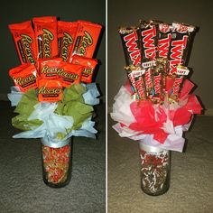 two vases filled with candy and candies