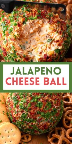 jalapeno cheese ball with crackers and pretzels on the side