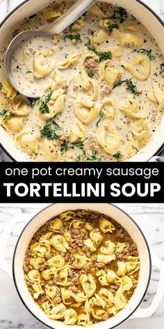 one pot creamy sausage tortellini soup in a white dutch oven, and the other is