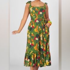 Bow Tie Strap Fruit Dress. Back Zipper, Waist Tie Belt. Very Lightweight And Summery. New Without Tags Eur Size 12=Us 8 Green Tropical Print Summer Midi Dress, Green Tropical Print Midi Dress For Vacation, Casual Tropical Print Sundress For Garden Party, Green Tropical Midi Dress For Summer, Green Tropical Print Midi Dress For Garden Party, Green Tropical Print Midi Dress For Beach, Sleeveless Tropical Print Midi Dress For Garden Party, Tropical Print Sundress For Garden Party, Green Tropical Print Midi Dress For Brunch