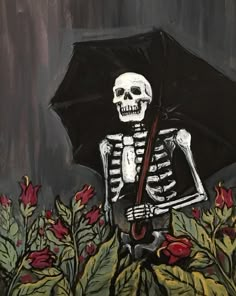 a painting of a skeleton holding an umbrella in front of some flowers and plants with red roses