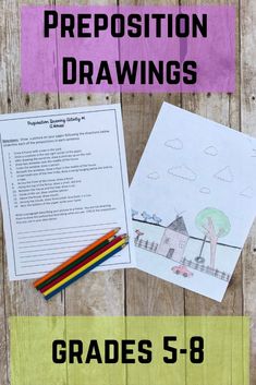 a book titled preposition drawings with colored pencils and paper on the table next to it