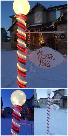 christmas lights and decorations in front of a house with the words merry pole written on it