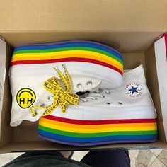 New With Box. Collector’s Item. Converse X Miley Cyrus Rainbow Platform Hi-Top Sneakers From A Previous Special June Pride Release. The White Of The Shoe Is A Glitter White. Women’s Size 7. Converse Pride Shoes, Rainbow Platform Shoes, Cool Custom Shoes, Kidcore Converse, Cute Pride Outfits, Gay Clothes, Rainbow Boots, Rainbow Converse, Converse Boots