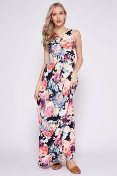 Beeson RiverSleeveless soft comfy racer back maxi dress with hidden side pockets, elastic waist. Lined bodice. Floral pattern and placement will vary. Easy living ! Soft stretchy. Color: Multicolor on Black background, navy linedSizes S-M-L-XL Bust 32-34-36-38, Length 56-57-58-59 95% Polyester, 5% Spandex, hand wash cold, Made in USA RF/D3374D-32 Casual Stretch Printed Maxi Dress, Sleeveless Summer Maxi Dress With Elastic Back, Summer Sleeveless Maxi Dress With Elastic Back, Sleeveless Stretch Floral Print Maxi Dress, Casual Maxi Dress With Elastic Back, Stretch Sleeveless Floral Print Maxi Dress, Sleeveless Stretch Maxi Dress With Floral Print, Stretch Sleeveless Maxi Dress With Floral Print, Sleeveless Maxi Dress With Elastic Back For Beach