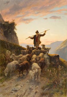 a painting of a man standing on top of a hill surrounded by sheep