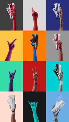 many different colored hands holding something in each other's hand with the same color background