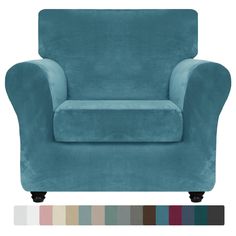 a blue chair with multiple colors in the color swatches on each side and an image of