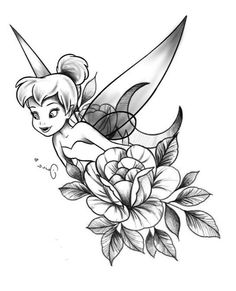 a tattoo design with a flower and tinkerbell on it