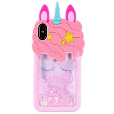 an iphone case with a pink unicorn face and stars on the top, in front of a white background