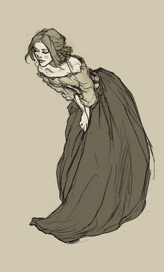 a black and white drawing of a woman in a long dress