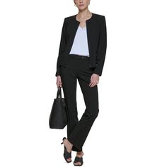 Create effortlessly chic looks for the office or weekend outings with this collarless blazer from Calvin Klein. Featuring a smooth front zip and two handy pockets, this versatile piece provides endless styling options to share on Instagram. Sleek shoulder pads structure the design for an flattering fit while the stretch fabric moves with you all day. Calvin Klein Notch Lapel Blazer For Work, Calvin Klein Notch Lapel Business Casual Blazer, Fitted Calvin Klein Office Blazer, Fitted Calvin Klein Blazer For Work, Elegant Calvin Klein Blazer For Career, Elegant Calvin Klein Career Blazer, Elegant Tailored Calvin Klein Blazer, Calvin Klein Notch Lapel Suits For Workwear, Elegant Office Blazer With Zipper Closure