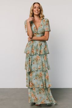 Our Montaigne Maxi Dress comes in blue sage color with beautiful floral and is oh so gorgeous. Don't forget to get this dress for your next event! Tulle Maxi Dress, Ruffle Maxi Dress, Blue Sage, Baltic Born, Mother Of Groom Dresses, Cascading Ruffles, Flowy Sleeves, Chiffon Material, Floral Color