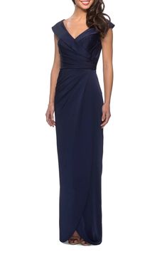 La Femme Surplice Off the Shoulder Column Gown | Nordstrom Fitted Satin Finish Pre-draped Maxi Dress, Formal Pre-draped Gown With Ruched Bodice, Formal Taffeta Evening Dress With Ruched Bodice, Pre-draped Evening Dress With Ruched Bodice, Formal Pre-draped Evening Dress With Ruched Bodice, Formal Evening Dress With Ruched Bodice And Pre-draped Style, Formal Satin Evening Dress With Ruched Back, Satin Evening Dress With Draped Fitted Bodice, Satin Draped Evening Dress With Fitted Bodice