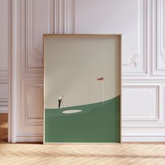 a poster with a man playing golf on the green in front of a white wall