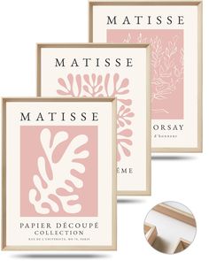 three pink and white framed prints with the words matissee, paper decoupe collection