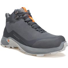 a gray shoe with orange laces on the outstep and grey upper part