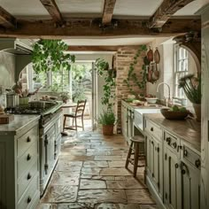 a kitchen with stone flooring and green cabinets, along with potted plants on the counter