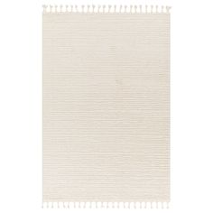 a white rug with fringes on the top and bottom, against a white background