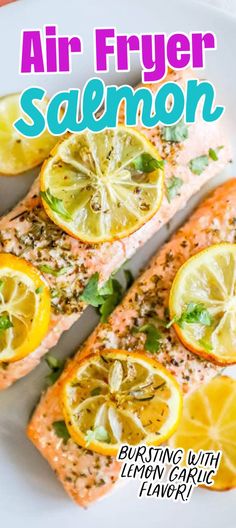 the cover of air fryer salmon seasoning with lemon garlic