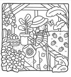 a black and white drawing of a woman in a garden with flowers on the ground