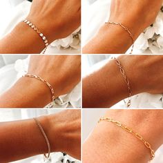 These women's chain bracelets are a must-have for your bracelet stacks collection! Our bracelets are offered in 8 unique styles: coin chain, beaded chain, Paperclip chain, oval link, Cuban chain or mini bar chain....etc. (See photos for precise condition.)Pick one or more for a custom layering look just for you! Item Details: • listing is for ONE(1) bracelet in the chain of your choice.• 6.5”+ 1” Extender, so it is a total of 7.5” of adjustable length.• Different lengths are available upon reque Bracelet Stacks, Chain Bracelets, Minimal Jewelry, Minimalist Bracelet, Cuban Chain, Mini Bar, Unique Styles, Dainty Jewelry, Pick One