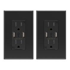 two black electrical outlets with one plug on each side and the other in between them