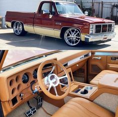 the interior and dashboard of a classic car, before and after it was painted red