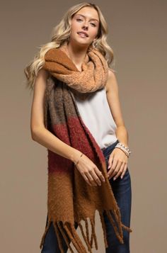 Insanely soft blanket scarf in pretty autumn inspired hues. Warm Acrylic Scarves For Fall, Multicolor Scarves For Cold Weather In Fall, Brown Casual Shawl Scarves, Casual Brown Shawl Scarf, Fall Acrylic Scarves, Warm Multicolor Scarves For Fall, Cozy Beige Shawl For Fall, One Size Acrylic Scarves For Fall, Warm Beige Scarf For Fall