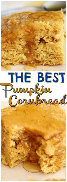 the best pumpkin cornbread is cut in half and stacked on top of each other