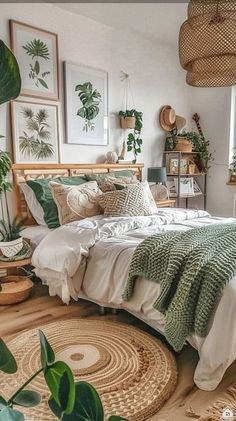 a bedroom decorated with plants and wicker baskets on the floor, along with a bed