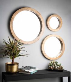 three circular mirrors mounted on the wall above a table with potted plants and books