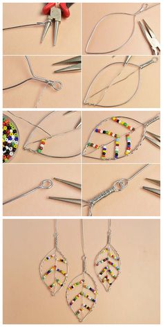 the instructions for how to make beaded leaf pendants with scissors and beads are shown