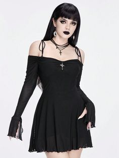 Sexy, Off-Shoulder, eng anliegendes Mesh-Kleid mit gedrehtem Knoten und gekreuztem Anhänger Schwarz Lässig  Langärmelig Strickstoff Halloween,Einfarbig A Linie Hoch-dehnbar  Women Clothing, size features are:Bust: ,Length: ,Sleeve Length: Halloween Simples, Vampire Aesthetic, Mesh Bodycon Dress, Printed Sleeveless Top, Twist Knot, Black Party, Dress For Short Women, Black Casual, Long Sleeve Knit