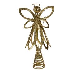 a gold angel ornament hanging from a metal wire on a white background with clippings